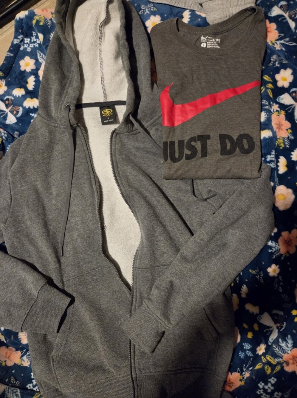 Nike Gray Zip-Up Hoodie with Gray Tee and Red Swoosh